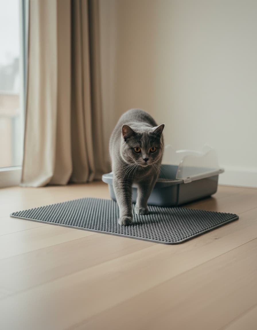 A grey British Shorthair stepping out of a litter box onto the mat
